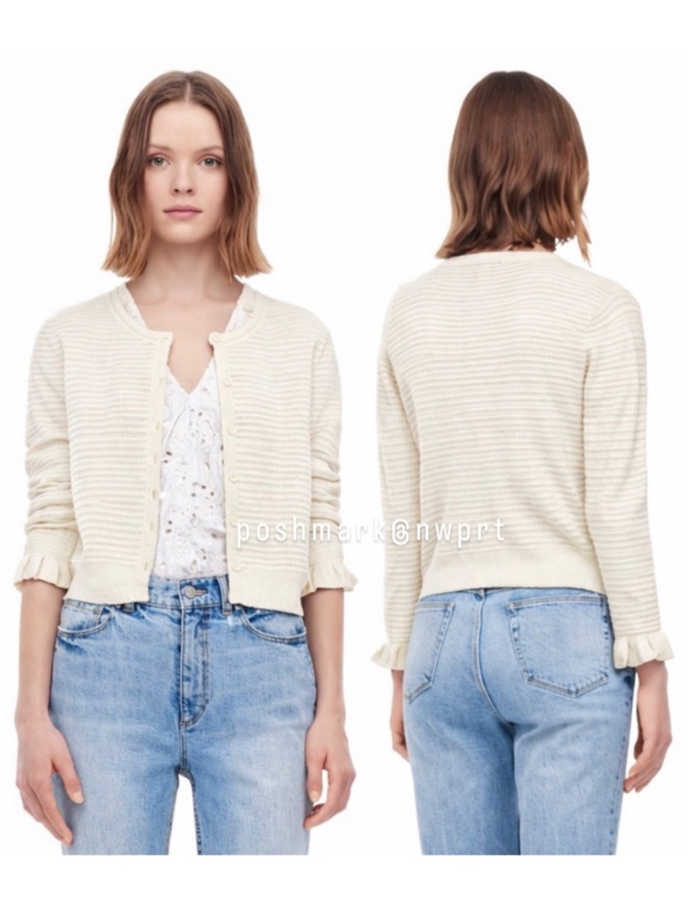 REBECCA TAYLOR Pointelle Knit Cardigan Ruffle Sweater Cream Ecru Off White XS